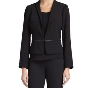 Eileen Fisher NWT Petite Tropical Blazer w Leather Trim Black Stand Collar PM